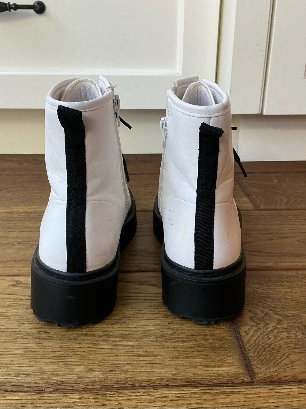 Steve Madden White Lace-Up Combat Boots with Black Lug Sole